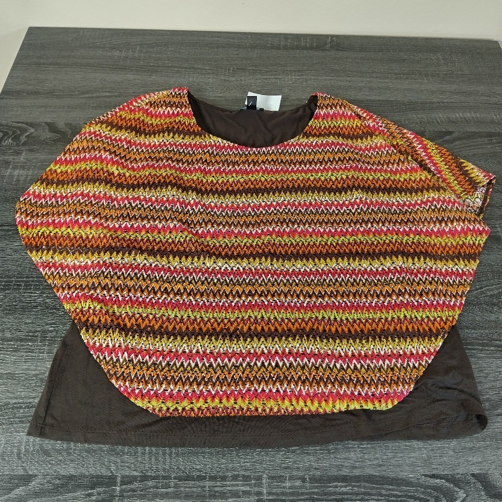 I.N.Studio women's layered poncho style top NWT multi colored geometric outer 1X